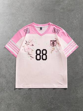 Camiseta de manga corta con estampado gráfico, de rayas y floral, con estilo juvenil y deportivo para hombre