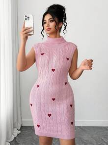 Elenzga Women's Spring/Summer New Arrival Single Piece Half-Turtleneck Fitted Short Sleeveless Heart Embroidery ,Valentine's Day Sweet Date Fashionable Versatile Elegant Knit Pullover Dress Heart Dress - Pink - View 7