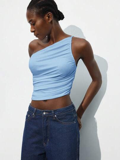 Maija Blusa elegante de mujer con diseño asimétrico de hombro y drapeado, adecuada para el transporte urbano, elegante, moderna, romántica, casual, para fiesta, playa, resort u oficina. Nueva colección Otoño/Invierno 2025