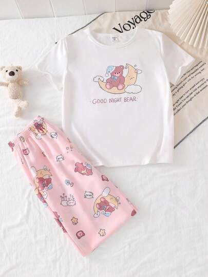 Girls Cute Sleeping Bear Print Short Sleeve Pink Pants Pajama Set