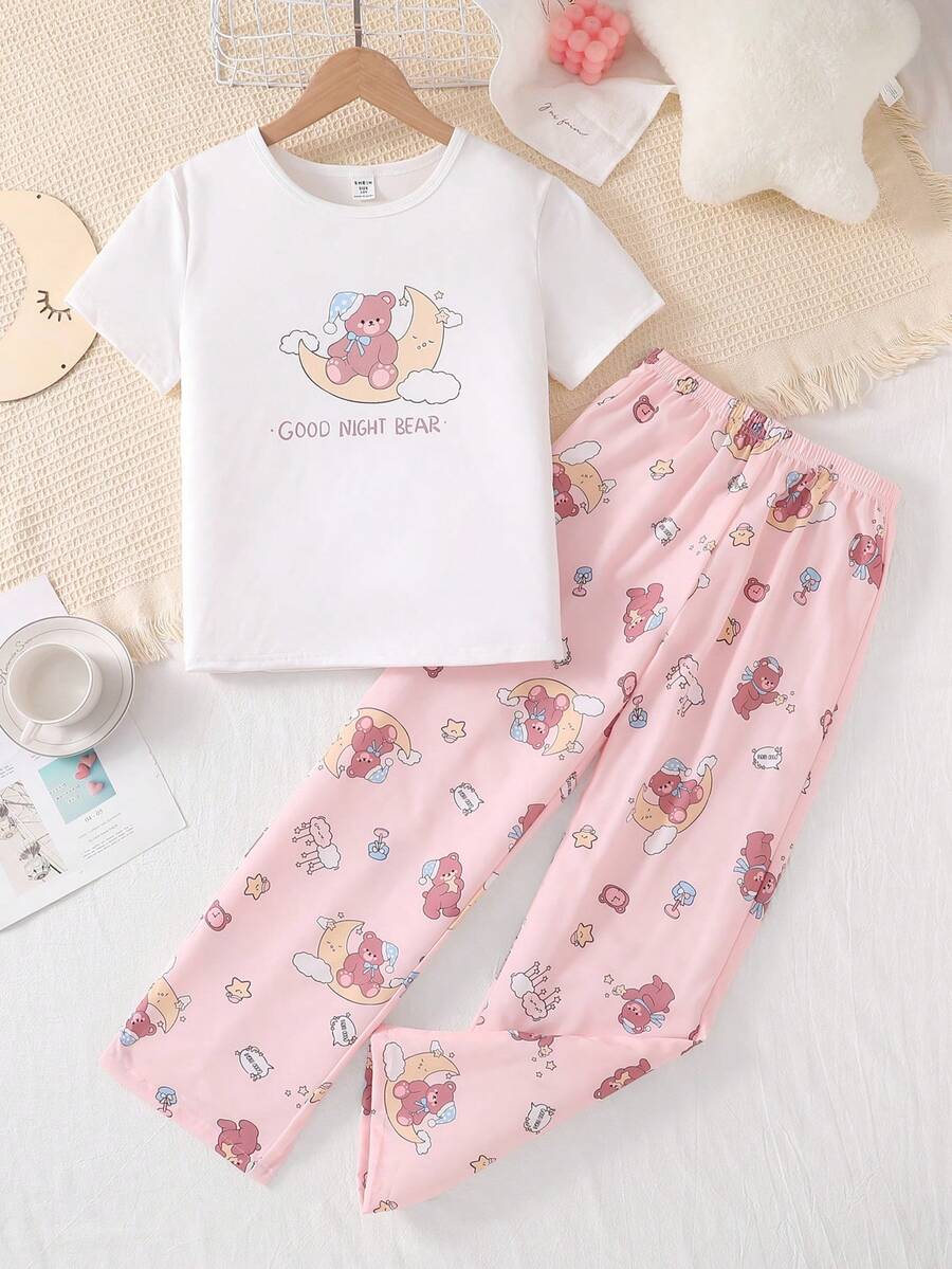 女童可爱睡熊印花短袖粉色长裤睡衣套装 - 藕粉色 - 查看 1