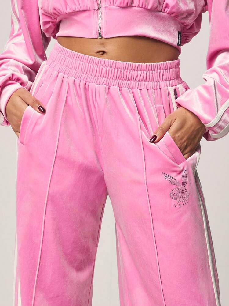 Missguided x Playboy Rhinestone Embellished Wide Leg Velour Joggers With Elastic Waistband And Side Stripe Detail For Casual Loungewear