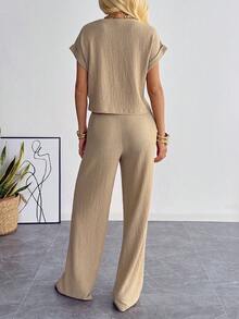 SHEIN EZwear 女士卡其色针织休闲上衣和裤子家居服套装 - 卡其色 - 查看 4