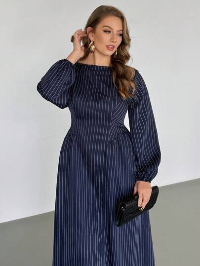 Auralis Nuevo vestido de manga larga con volantes en la cintura, corte de princesa, a rayas azules y blancas, talla grande. Vestido elegante y digno para la oficina/Vestido casual diario de cuello barco con mangas farol