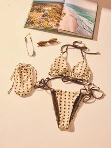 Aralina Polka Dot Print Halter Tie Front Bikini Set - Multicolor - View 3