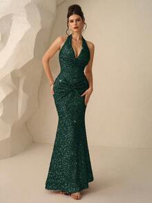 Coutiva 优雅亮片装饰长袖连衣裙，高端宴会正式礼服 - 墨綠色 - 查看 5