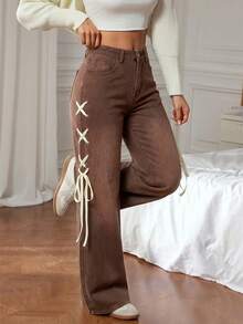 SHEIN Tall 女士高腰镂空系带口袋阔腿宽松时尚牛仔裤 - 咖啡棕 - 查看 4