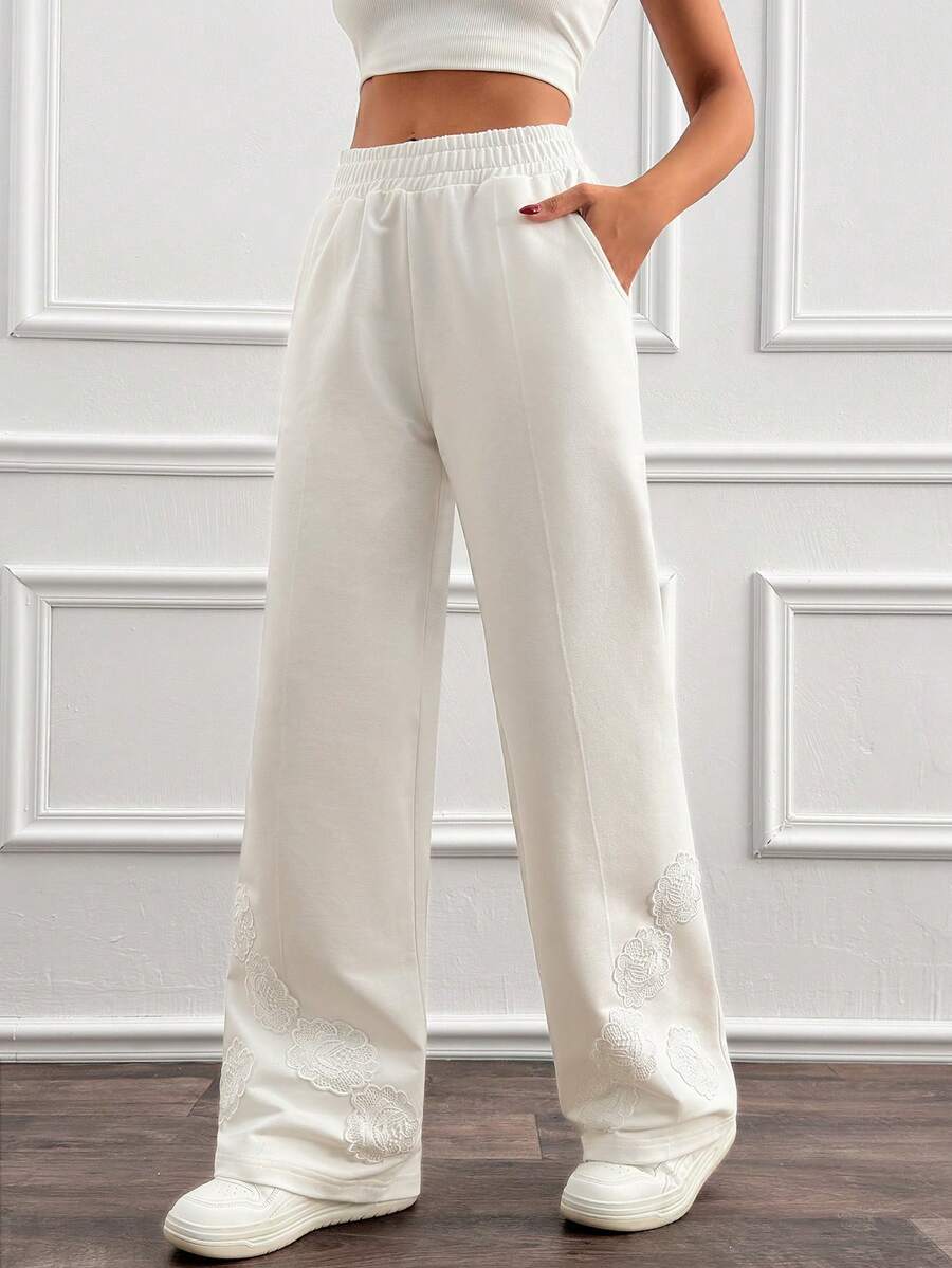 Cloudara 女士纯色刺绣阔腿裤 - 白色 - 查看 1
