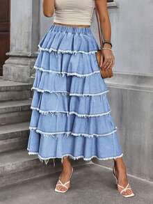 Breezaya Chân váy denim ngắn nữ thời trang thường ngày, kiểu dáng xếp ly, rách gấu. - Màu xanh lam - Xem 7