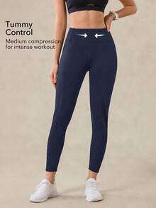 OutZeal 女士户外紧身裤，适合徒步、越野跑，速干收腹网眼设计，带侧袋 - 藏蓝色 - 查看 2