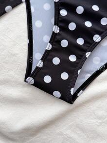 SHEIN Teen Girl 3 PiecesSwimsuit Set: Black & White Polka Dot Print Bikini Top, Bottoms, And Tie-Front Skirt, Suitable For Summer Vacation And Beach - Black and White - View 8