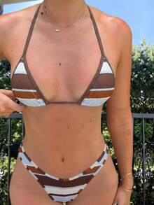 Bonvoyette Swim Vcay 优雅女士 2026 多色波点沙滩泳衣,清新撞色动物纹印花,超柔软塑形弹力罗纹针织挂脖三角比基尼套装,可调节系带挂脖比基尼上衣(带可拆卸胸垫),Y2K 美学高衩性感比基尼下装(撞色条纹图案)。 - 彩色 - 查看 11