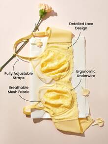 LUVLETTE Plus  Soft Woman Lingerie Lounge Curve Sheer Full Coverage Support&Breathable Underwire Sexy Unlined Minimizer Lace Elegance & Mesh Yellow Bra Bridal Intimates - Yellow - View 10