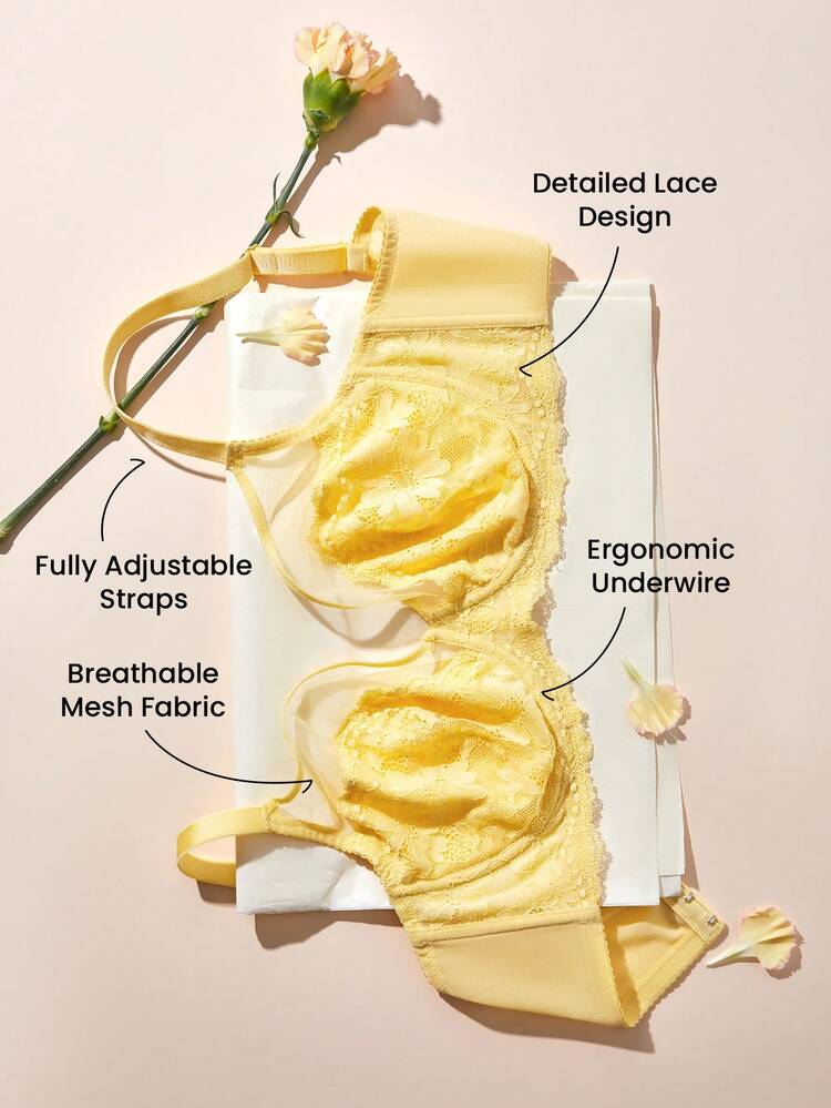 Plus Full Coverage Unlined Mesh & Lace Bra