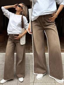 SHEIN 孕妇休闲水洗复古阔腿牛仔裤，适合春季、圣诞节、新年、感恩节、通勤、度假、毕业典礼等场合，时尚百变，可爱街头风，适合派对、婚礼、商务休闲等各种场合，女款 - 棕色 - 查看 10