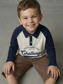 Casuvi Kids 4pcs/Set Boys' Casual Stylish Minimalist American College Contrast Color Block Letter Print Polo Collar Long Sleeve Shirt, Loose Fit, Versatile, Suitable For Spring, Summer, Autumn, Daily Wear, Birthday Party, Campus Activities, Family Gathering, Formal Occasions - Multicolor - View 3