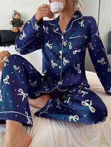 Dream Adore Bộ đồ ngủ dài tay nữ bằng lụa giả họa tiết chấm bi nơ - Màu xanh hải quân - Xem 5