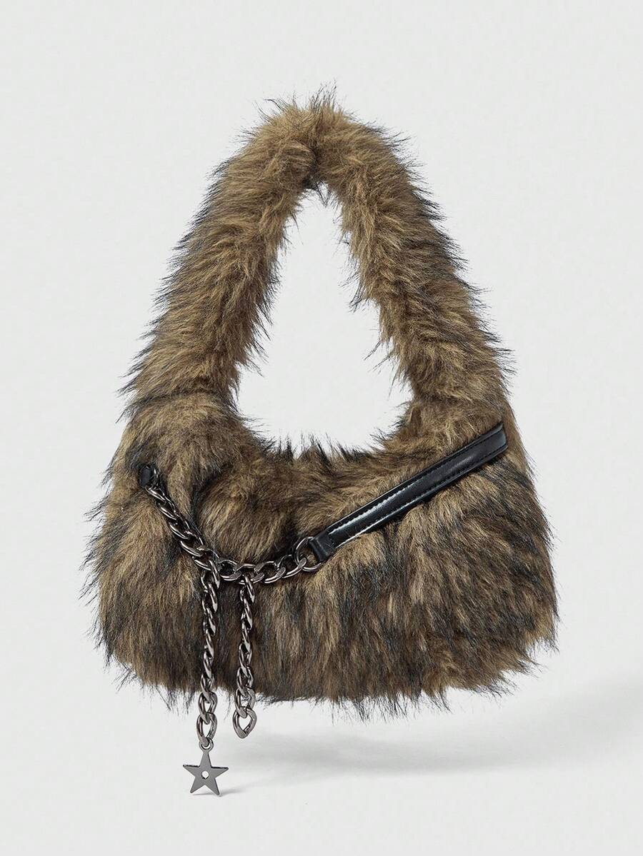 ROMWE Grunge Punk 2000s Style Women Shoulder Bags,Punk  Rivet Biker Bags,Fur Purse ,Autumn & Winter Wallets, Hobo Handbag(Random Pattern) , Goth - 棕色 - 查看 1