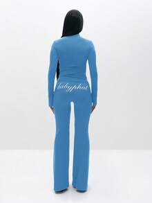 BABYPHAT 女士套穿式喇叭裤 高腰弹力靴型裤 休闲长款阔腿裤 秋冬时尚 - 藍色 - 查看 6