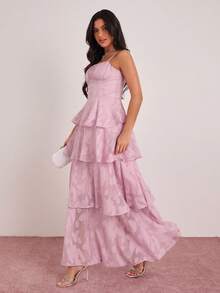 Enchnt Spring/Summer Romantic Women's Pink Jacquard Ruched Bust Layered Ruffled Camisole Maxi Dress,Sweet&Elegant For Vacation&Date&Holiday&Going Out&Valentine's Day,Spring Outfit Women - Baby Pink - View 3