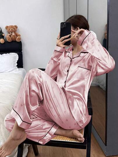 Dream Adore Faux Silk Heart Print Long Sleeve & Pants Pajama Set
