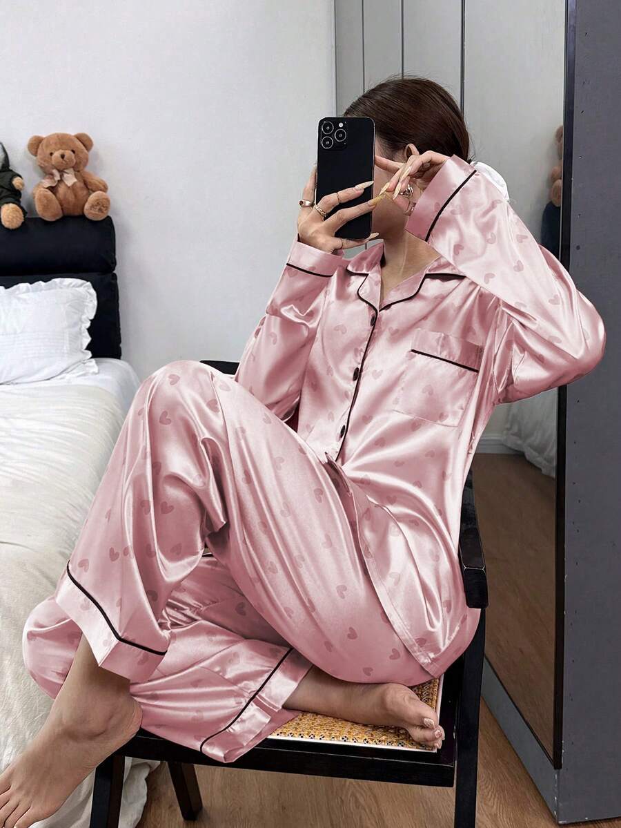 Dream Adore Faux Silk Heart Print Long Sleeve & Pants Pajama Set - Pink - View 1