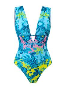 Swim Oasis 1pc Deep V-Neck Blue Floral Print Mesh Maxi Dress, High-End Outfit - Multicolor - View 6