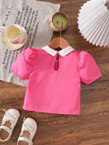Elladie kids 4-7岁女童淑女风白色小领玫红色泡泡袖串珠前襟上衣，适合春夏日常穿着、户外活动、休闲外出 - 玫紅色 - 查看 2