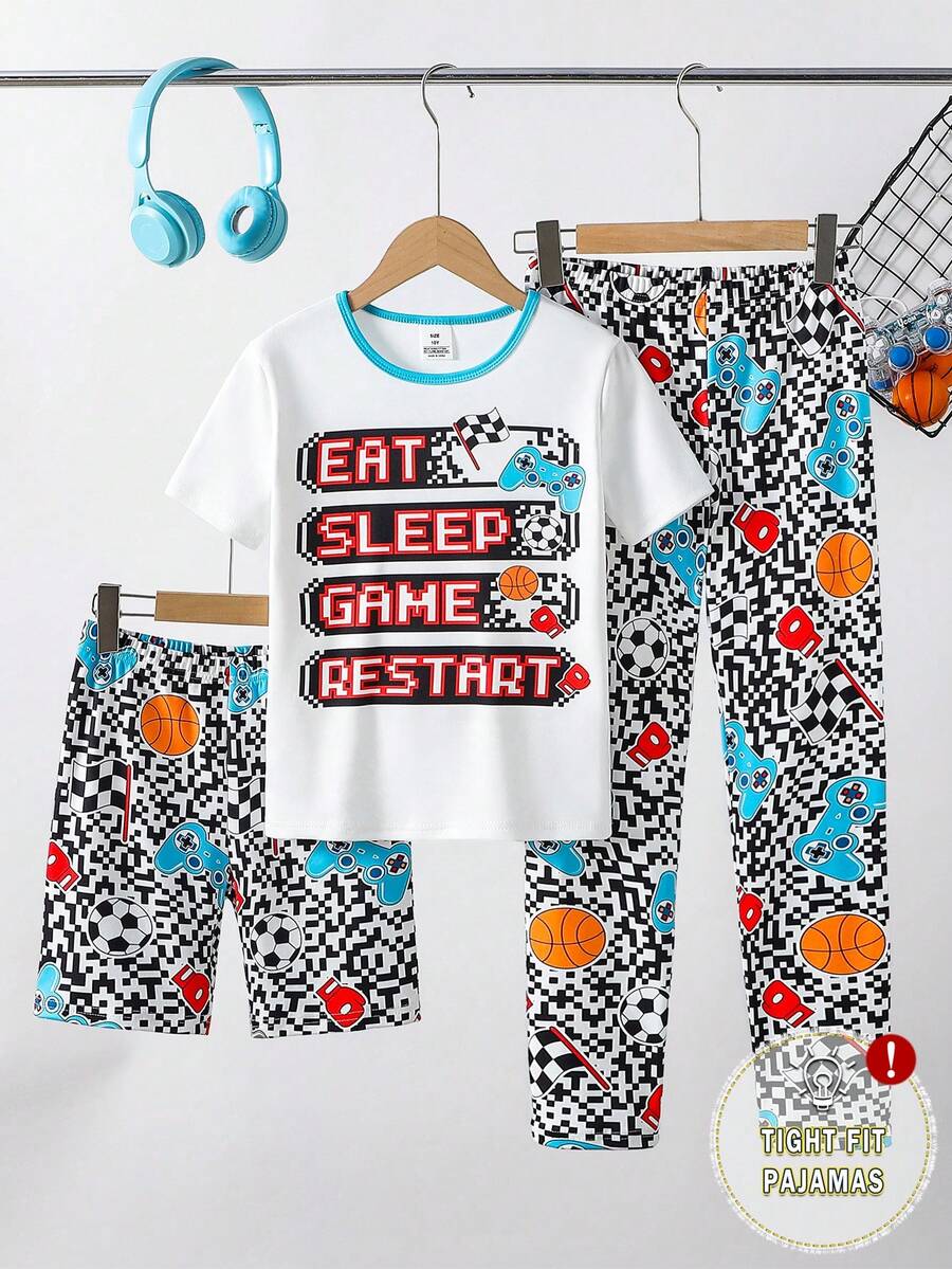 SHEIN Explorewe 3pcs/Set Boys' Snug Fit Video Game, Flag, Basketball Graphic Print Short Sleeve T-Shirt, Shorts And Pants Loungewear, Comfortable Fabric, Suitable For Cool Gamers And Sports Lovers - Multicolor - View 1