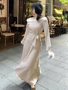 DAZY Bộ đồ 2 món thanh lịch dành cho nữ, gồm áo len và chân váy phối màu tương phản, kiểu dáng bất đối xứng, thắt eo, thích hợp cho mùa Thu/Đông. - Màu be - Xem 5