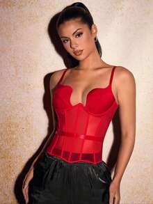 SHEIN SXY 女士夏季红色拼接透视性感修身文胸式吊带背心，情人节女士吊带背心 - 紅色 - 查看 6