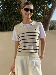 Livesso Women's Casual Striped Knit Polo Shirt - Apricot - View 3