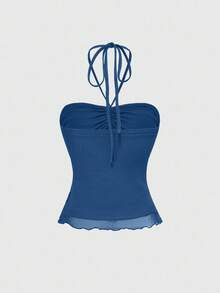 ROMWE Kawaii Women's Solid Color Halter Neck Spaghetti Strap Ruffle Hem Heart Decor Camisole - Blue - View 2
