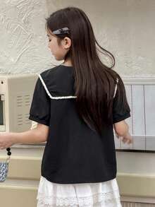 DAZY Áo sơ mi tay ngắn cổ Peter Pan cài cúc phía trước, kiểu dáng thường ngày cho bé gái tuổi teen, thích hợp mặc mùa hè. - màu đen - Xem 4