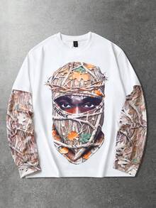 ROMWE MEN 男士休闲时尚街头植物人物印花二合一T恤，春秋季 - 白色 - 查看 9