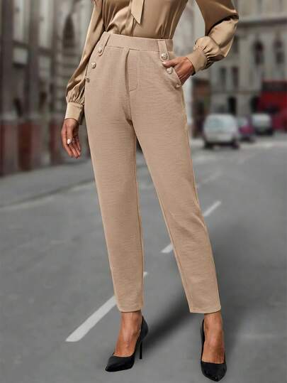 EMERY ROSE Women's Casual & Commuting Button Decor Tapered Suit Pants, Autumn Women Casual Pants High Waist Pants Woman Women's High Waist Casual Pants Beige High Waisted Pants Women Casual Trousers Women Pants Paper Bag Pants