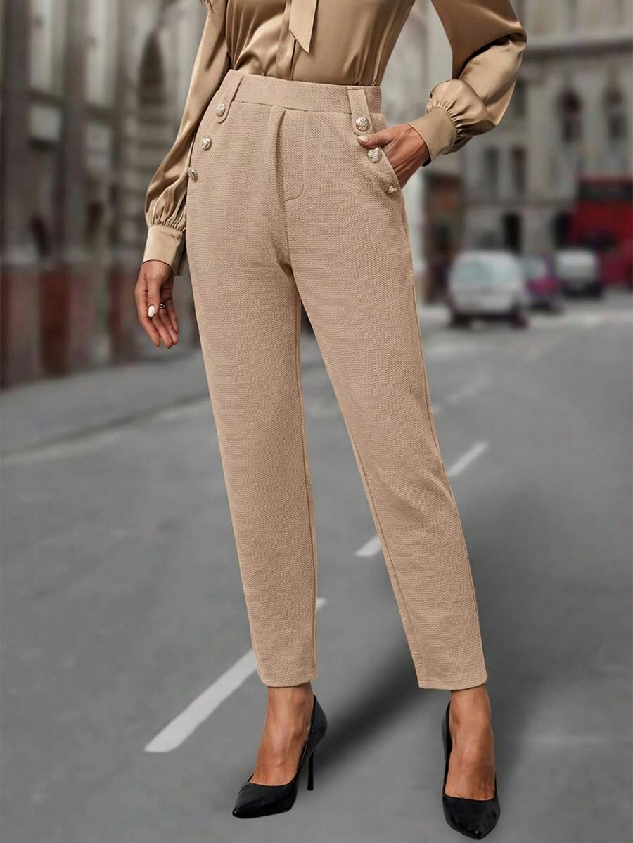 EMERY ROSE 女士休闲通勤纽扣装饰锥形西装裤，秋季女士休闲裤高腰裤，女士高腰休闲裤米色高腰裤女士休闲长裤 - 杏色 - 查看 1