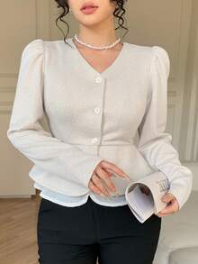 DAZY Frühlings-/Sommer-Lässig Volant Patchwork Langarm Bluse für Frauen, elegant für Büro, Hochzeit, Valentinstag - Aprikosenfarben - Übersicht 6