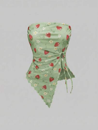 ROMWE Kawaii Top tubo con estampado de fresas y bajo asimétrico, blusa de tela de malla con estilo Y2K