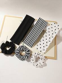 ROMWE Anime 6 piezas Nuevo conjunto de diademas y bandas para el cabello a rayas en blanco y negro con lunares, combinación básica simple, accesorios para el cabello adecuados para el uso diario y deportes de ocio de las mujeres - Multicolor - Ver 3