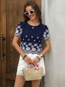 Solivie Women's Embroidered Round Neck Casual Blouse With Puff Sleeves, Spring/Summer - Navy Blue - View 6
