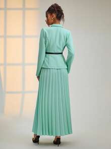 EURMUSE Belt Detailed Pleated Skirt And Blazer Elegant Set - Mint Green - View 5
