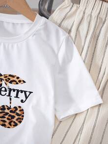 Tween Girl Leopard Print & Cherry Graphic Crew Neck Short Sleeve Casual T-Shirt Set, Summer