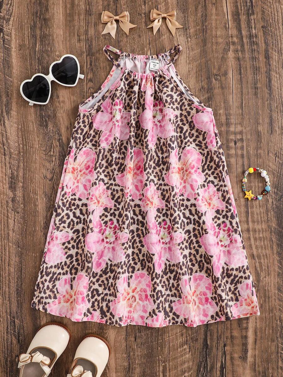 SHEIN Young Girl Floral And Leopard Print Sleeveless Casual Dress - Brown - View 1