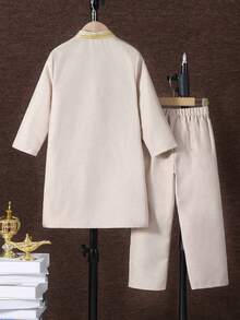 SHEIN 2pcs Kids Boy Casual Versatile Khaki Collared Shirt & Loose Shorts Set, Suitable For School, Garden, Beach, Birthday, Spring/Summer, Long Sleeve Shirt And Pants Set - Khaki - View 3