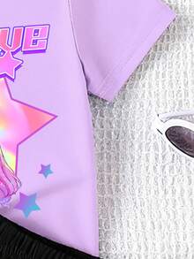 一套年轻女孩时尚休闲可爱卡通韩流女孩五角星图案短袖圆领T恤和短裤套装，适合夏季户外穿着 - 彩色 - 查看 5