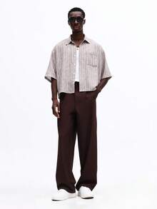 SUMWON 男士褶裥阔腿直筒正装西裤，简洁腰线设计，经典商务职业裤 - 棕色 - 查看 4