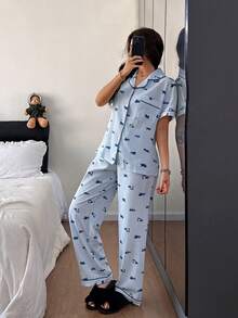 SHEIN Napfluff 女士泡泡纹理条纹翻领开衫短袖睡衣套装 - 藍色 - 查看 5