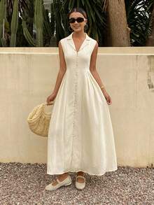 Livesso 女士翻领无袖条纹中长连衣裙 - 杏色 - 查看 5