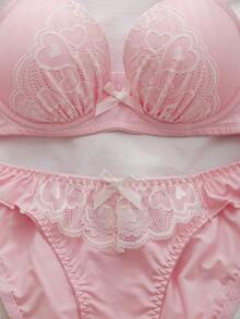 DelicateAllure 2件套浪漫蕾丝爱心半罩杯文胸套装，可爱蝴蝶结装饰，3/4罩杯钢圈舒适半罩杯文胸和吊带睡裙内衣套装，女士 - 粉色 - 查看 3